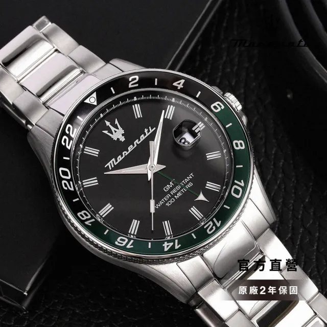 【MASERATI 瑪莎拉蒂】Sfida 無畏迎戰系列GMT手錶 尊爵黑 銀色不鏽鋼鍊帶 44MM R8853140005