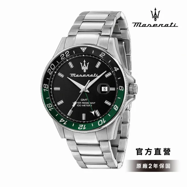 【MASERATI 瑪莎拉蒂】Sfida 無畏迎戰系列GMT手錶 尊爵黑 銀色不鏽鋼鍊帶 44MM R8853140005