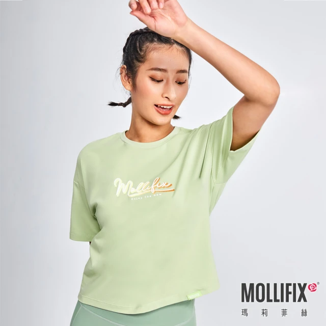 【Mollifix 瑪莉菲絲】活力LOGO圓領短袖T恤、瑜珈上衣、瑜珈服(酪梨綠)