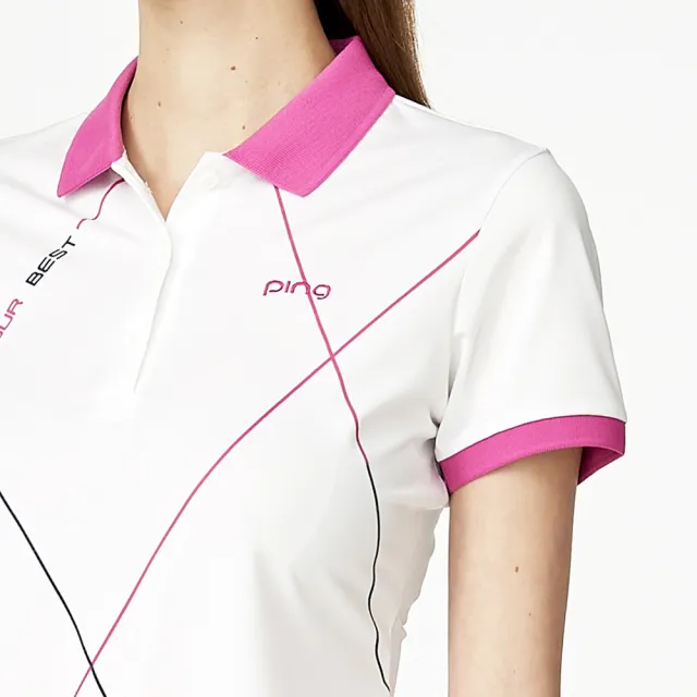 【PING】女款大菱格休閒短袖POLO衫-白(吸濕排汗/抗UV/涼感/GOLF/高爾夫球衫/RA23102-87)