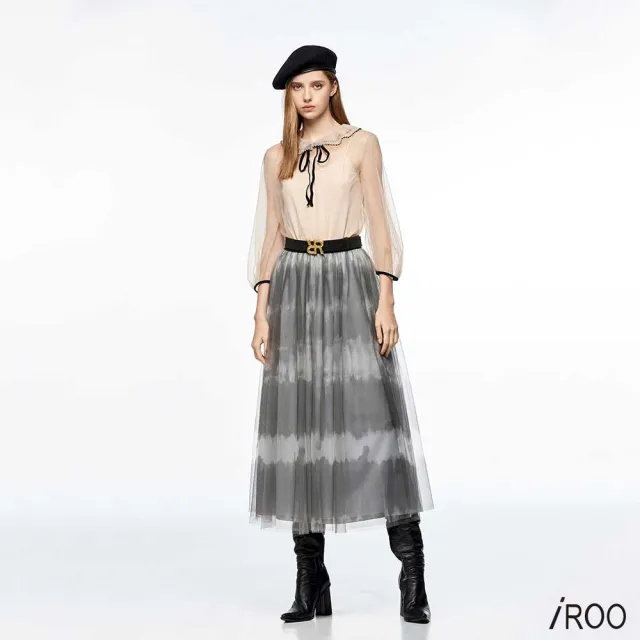 【iROO】黑白民俗風暈染網紗裙