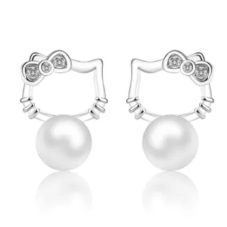 【Jpqueen】可愛蝴蝶結貓咪縷空珍珠耳環(銀色)