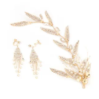 【Jpqueen】森林系歐式桂冠頭飾夾飾耳環新娘宴會套組(金色)