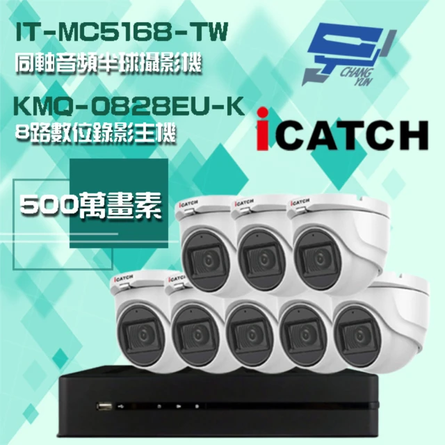 【ICATCH 可取】組合 KMQ-0828EU-K 8路錄影主機+IT-MC5168-TW 500萬畫素 同軸音頻半球攝影機*8 昌運監視器