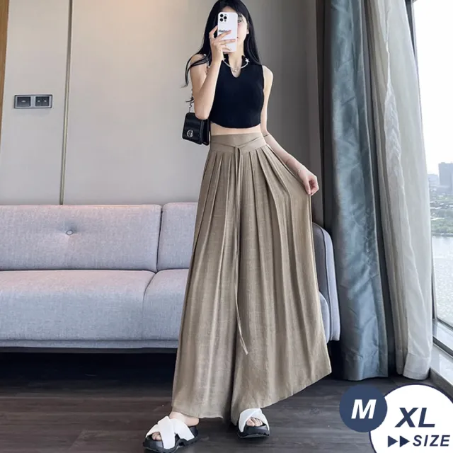 【LANNI 藍尼】★夏季繫帶百褶飄飄褲(直筒褲/休閒褲/寬鬆)