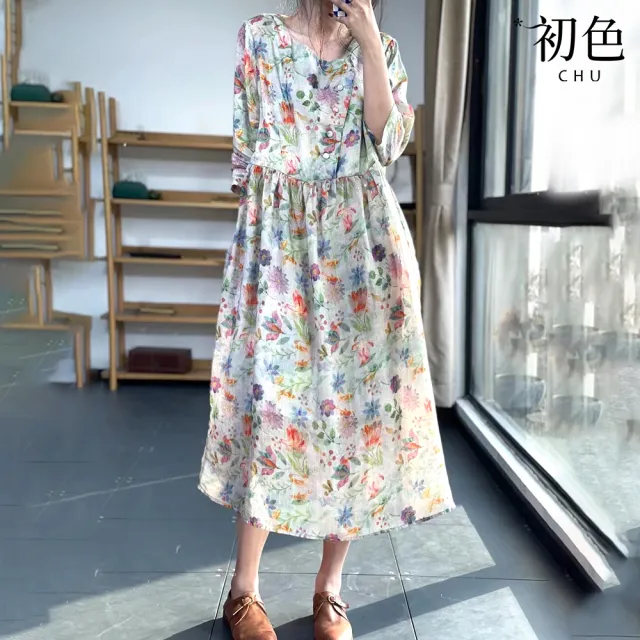 【初色】清涼透氣圓領大碼森林系碎花連身五分袖中長裙洋裝-花色-69775(M-2XL可選)(其他規格)