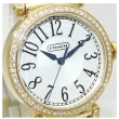 【COACH】官方授權C2 圓水晶鑽框金色鏈帶女錶 錶徑32mm-贈高級9入首飾盒(CO14501724)