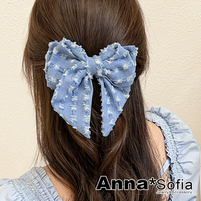 【AnnaSofia】髮夾髮飾彈簧夾邊夾-單寧抓破感蝶結 現貨(藍系)
