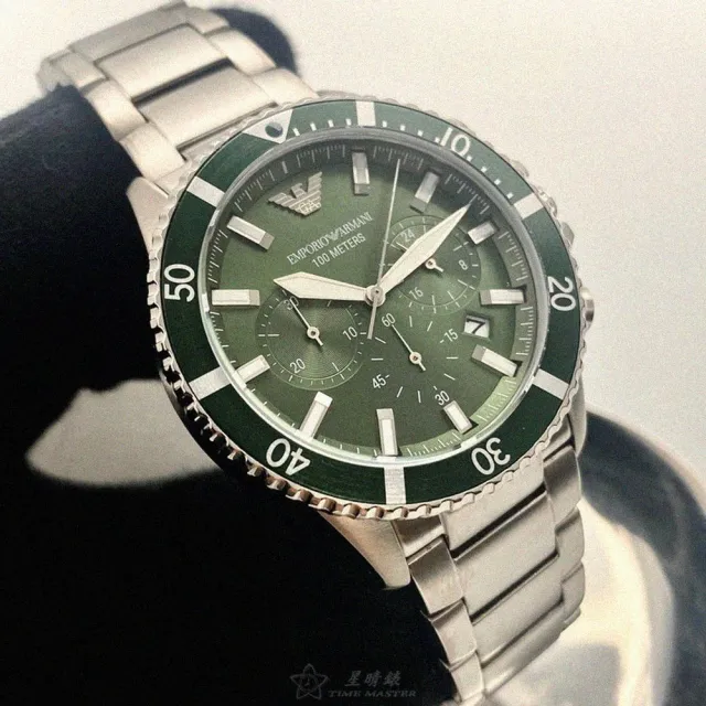 【EMPORIO ARMANI】雙11ARMANI手錶型號AR00021(墨綠色錶面銀錶殼銀色精鋼錶帶款)