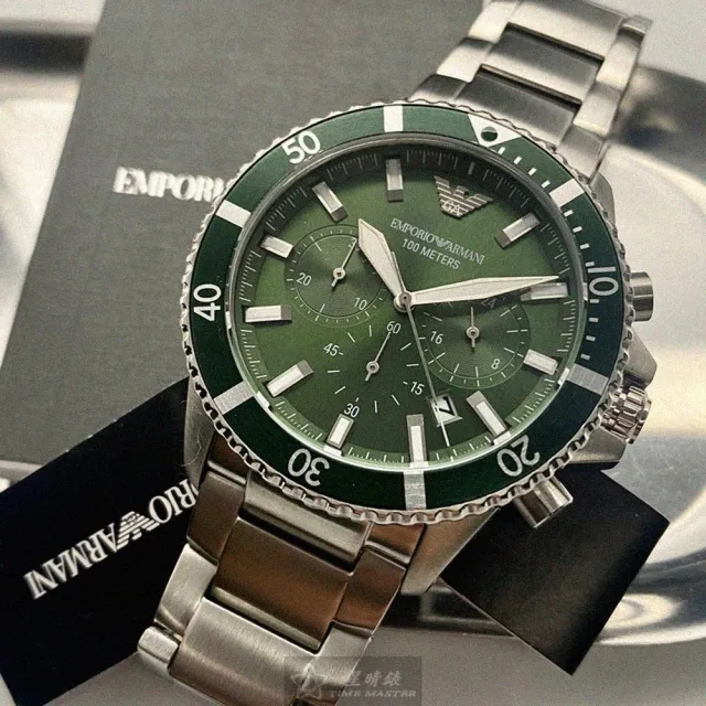 【EMPORIO ARMANI】雙11ARMANI手錶型號AR00021(墨綠色錶面銀錶殼銀色精鋼錶帶款)