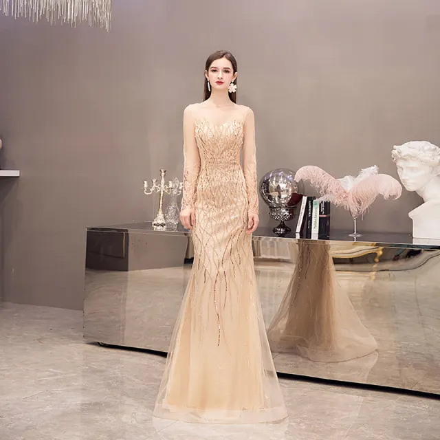【女神婚紗禮服】高端時尚U領露腰墜地宴會晚禮服 PLGZ-100 露腰金色(主持人 表演禮服)