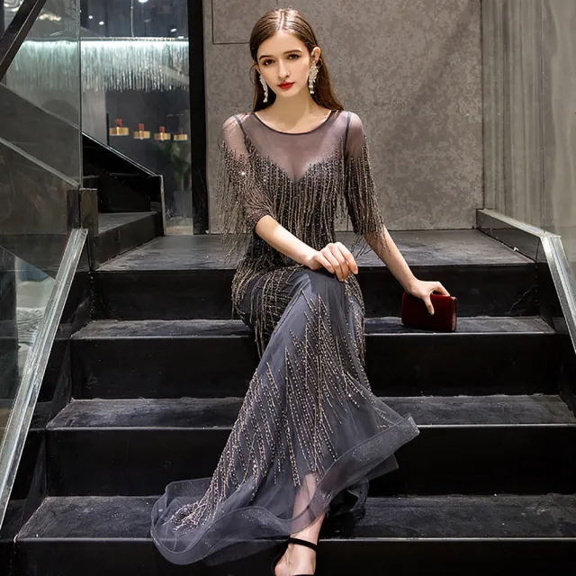 【女神婚紗禮服】高端時尚薄紗圓領魚尾宴會晚禮服 PLGZ-085 金黃色(婚宴服 頒獎禮服)