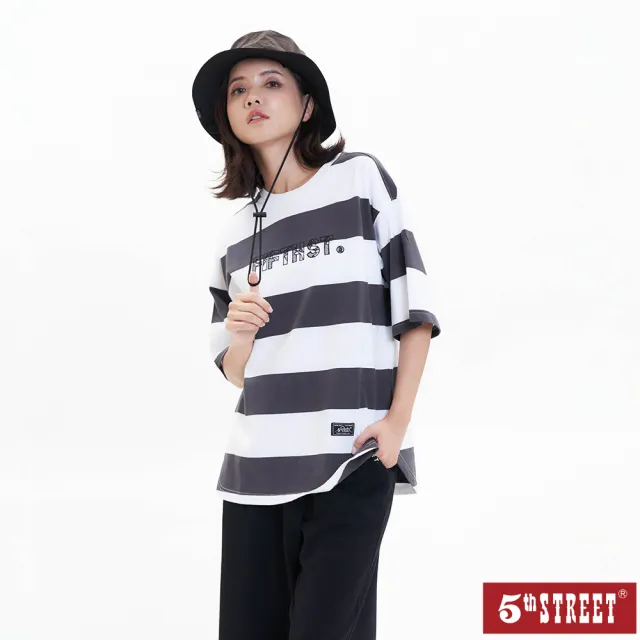 【5th STREET】中性 短t 短袖 上衣 t恤 TEE 寬版 條紋 棉質 黑色(570940)