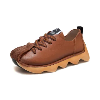 【Vecchio】真皮運動鞋 牛皮運動鞋/全真皮頭層牛皮復古圓頭手工縫線個性運動鞋(棕)