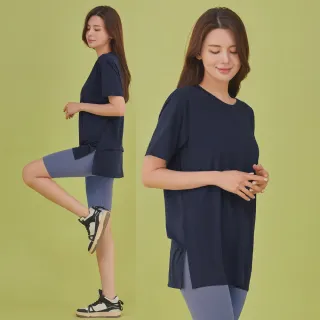 【STL】yoga 現貨 韓國瑜伽 Light Dry 抗UV 女 運動機能 短袖 上衣 寬鬆 側開岔 長版(DarkNight星空深藍)