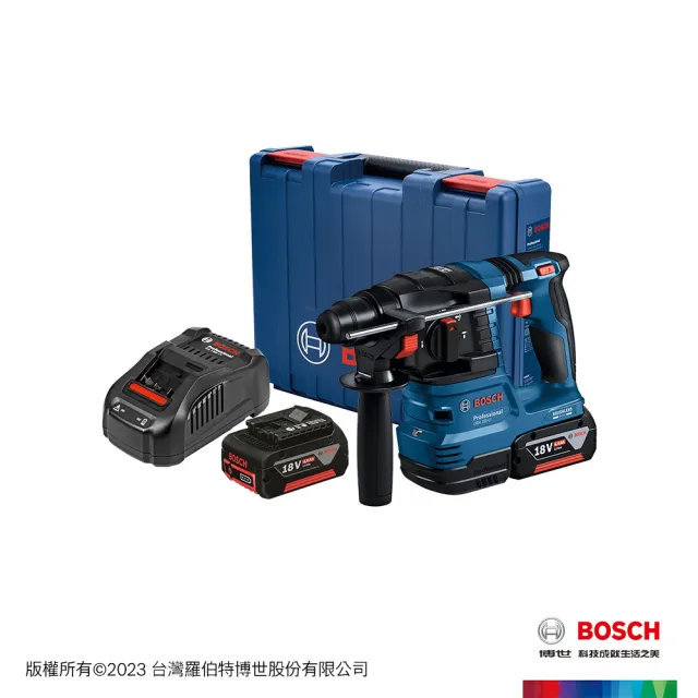 【BOSCH 博世】18V鋰電免碳刷四溝免出力鎚鑽套裝組(GBH 185-LI 4.0Ahx2)