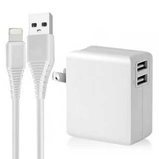 【Dr.battery 電池王】5V 2.4A雙輸出USB充電器+高密編織USB to Lightning iphone/ipad充電線100cm(淺灰)