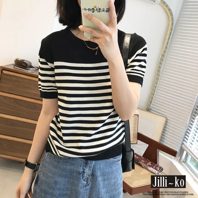 【JILLI-KO】日系經典NAVY風條紋寬鬆冰絲針織衫-F(深藍/杏)