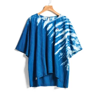 【EDWIN】江戶勝 女裝 靛藍系列 寬版半扎染短袖上衣(中古藍)
