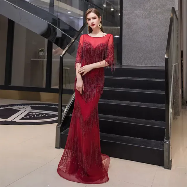 【女神婚紗禮服】高端時尚薄紗圓領魚尾宴會晚禮服 PLGZ-085 礦灰色(婚宴服 頒獎禮服)
