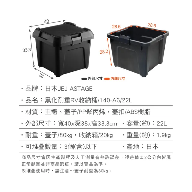 【JEJ ASTAGE】黑化耐重RV收納桶/140-A6/22L(露營/收納/玩具箱/零食箱/可堆疊)