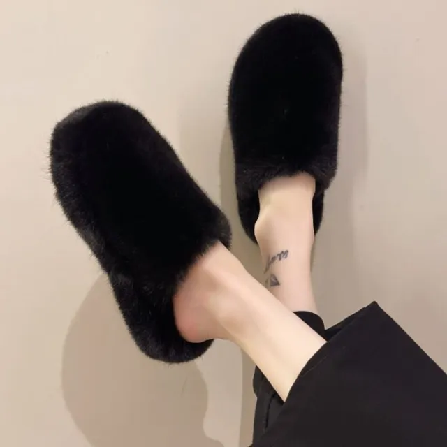 【baibeauty 白鳥麗子】舒適素面毛毛厚底穆勒拖鞋(居家外出兩穿)