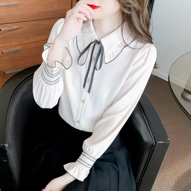 【baibeauty 白鳥麗子】日系拚色綁結荷葉邊翻領排釦長袖上衣(襯衫)