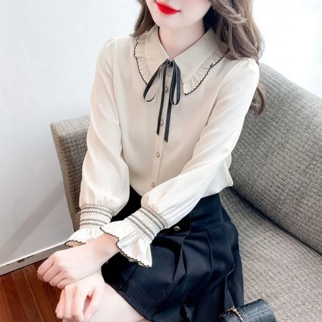 【baibeauty 白鳥麗子】日系拚色綁結荷葉邊翻領排釦長袖上衣(襯衫)