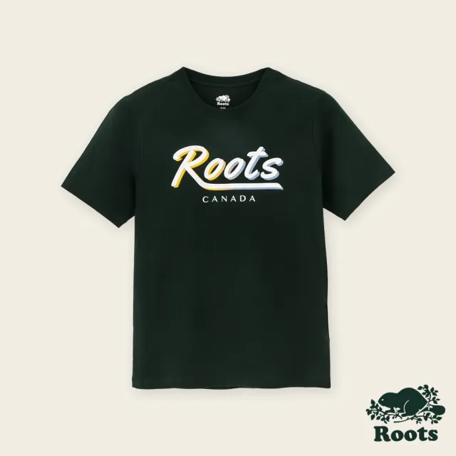 【Roots】Roots男裝-繽紛花卉系列 漸層文字有機棉短袖T恤(深綠色)