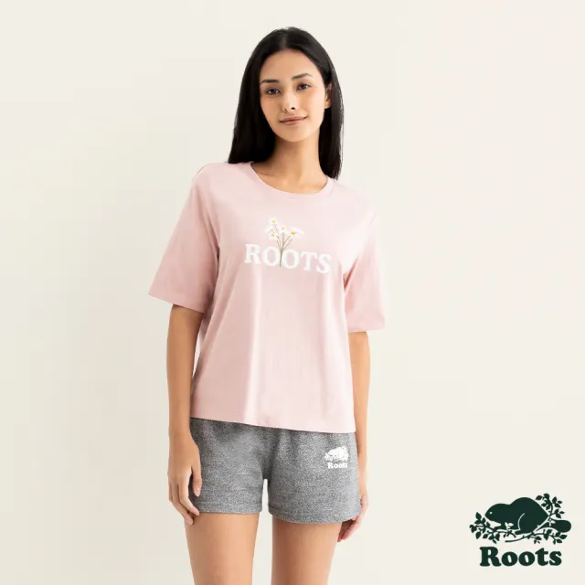 【Roots】Roots女裝-繽紛花卉系列 刺繡花卉寬版短袖T恤(粉色)