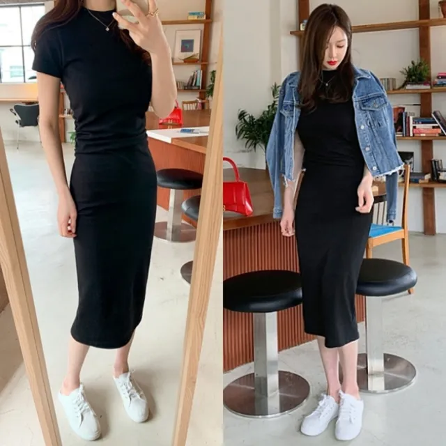 【baibeauty 白鳥麗子】經典百搭素面抓皺收腰短袖合身洋裝(韓國製)