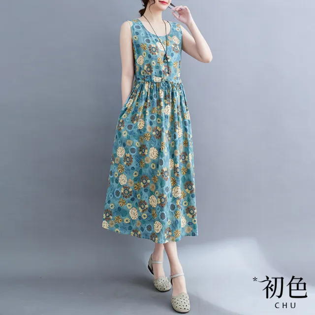 【初色】清涼感棉麻風碎花印花無袖收腰顯瘦圓領A字裙中長裙連身裙洋裝-花色-70037(M-2XL可選)