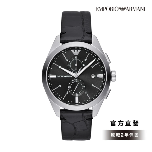 EMPORIO ARMANI 官方直營 Rosa 時空旅人日曆計時手錶 黑色皮革錶帶 43 MM AR11542