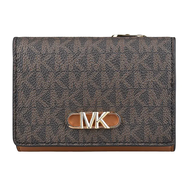 【Michael Kors】MK MICHAEL KORS PARKER縮寫LOGO印花PVC 4卡三折釦式短夾(橡子棕x深褐)