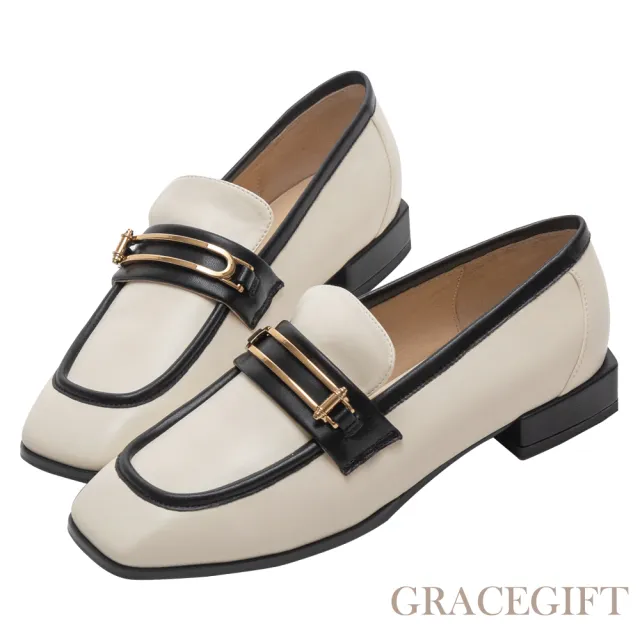 【Grace Gift】逸歡聯名-英倫金屬方頭低跟樂福鞋