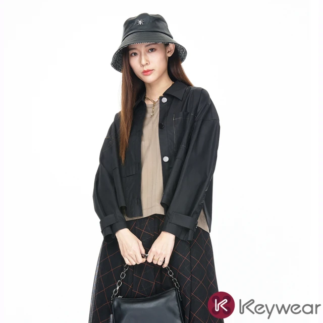 KeyWear 奇威名品 不規則切割收腰設計鋪棉外套(黑色)