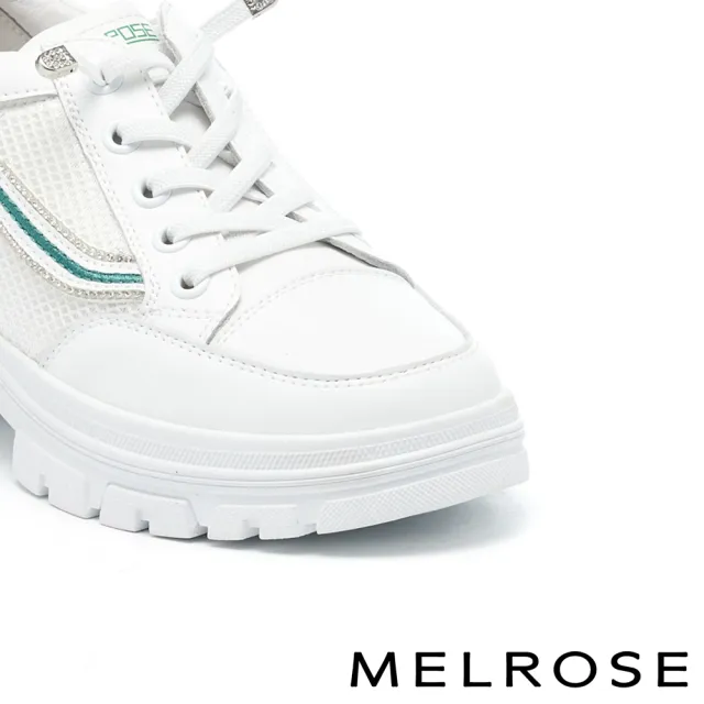 【MELROSE】美樂斯 潮流魅力水鑽網布拼接牛皮厚底休閒鞋(白)