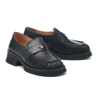 【MISS 21】未來質感抓皺LOGO全真皮大頭樂福厚底鞋(黑)