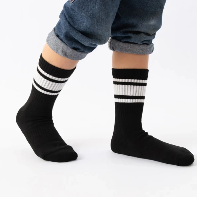 【WARX】經典條紋中筒童襪-黑色配白條(除臭襪/防蚊襪)