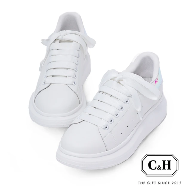 【c&h】C&H首選百搭超軟牛皮雙色厚底小白鞋-幻彩(厚底小白鞋)