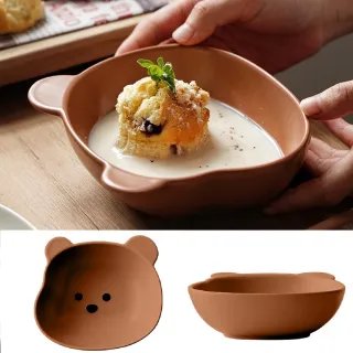 【戀戀家居】2入組 咖啡色陶瓷兒童餐盤+兒童碗(6吋盤+6吋碗)
