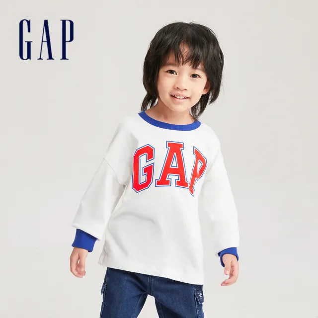 【GAP】男幼童裝 Logo純棉圓領長袖T恤-白色(753648)