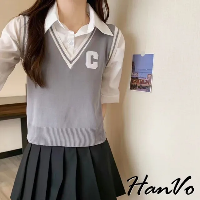 【HanVo】現貨 學院風假兩件字母C拼接襯衫(氣質舒適修身顯瘦針織上衣 韓國女裝 女生衣著 A01-0080)