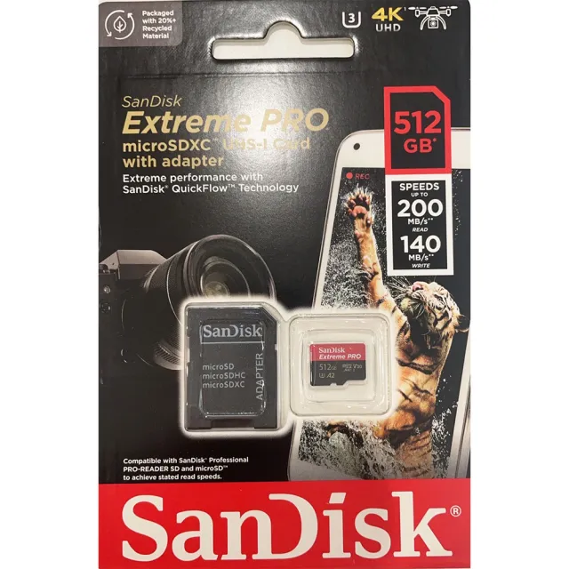 【SanDisk 晟碟】512GB Extreme Pro microSDXC 200MB/s 4K U3 A2 V30 記憶卡 公司貨
