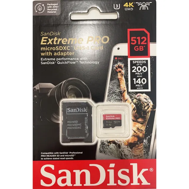 【SanDisk 晟碟】512GB Extreme Pro microSDXC 200MB/s 4K U3 A2 V30 記憶卡