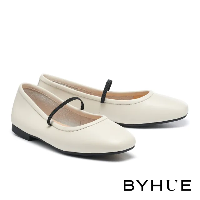 【BYHUE】簡約純色繫帶方頭瑪莉珍軟芯Q底平底鞋(白)