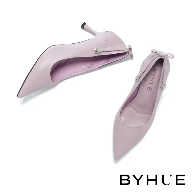 【BYHUE】簡約純色三穿蝴蝶結繫帶軟芯尖頭高跟鞋(紫)