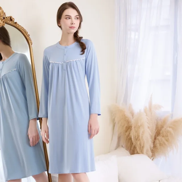 【Wacoal 華歌爾】睡衣-睡眠研究系列 M-L膠原蛋白半開襟洋裝 LWB06133BU(天空藍)