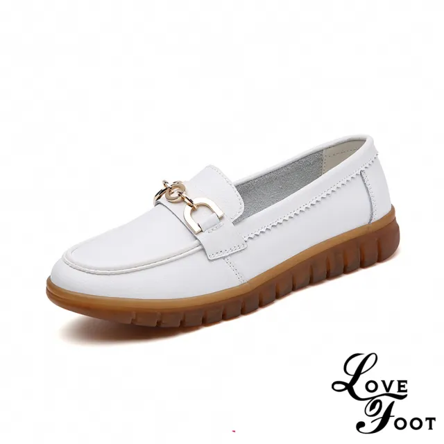 【LOVE FOOT 樂芙】真皮樂福鞋/真皮金屬釦造型軟底舒適休閒樂福鞋(白)