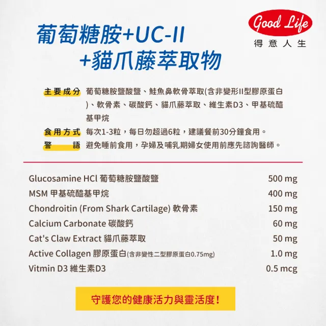 【得意人生】新葡萄糖胺+UC-II非變性二型膠原蛋白 二入組(60錠/瓶)